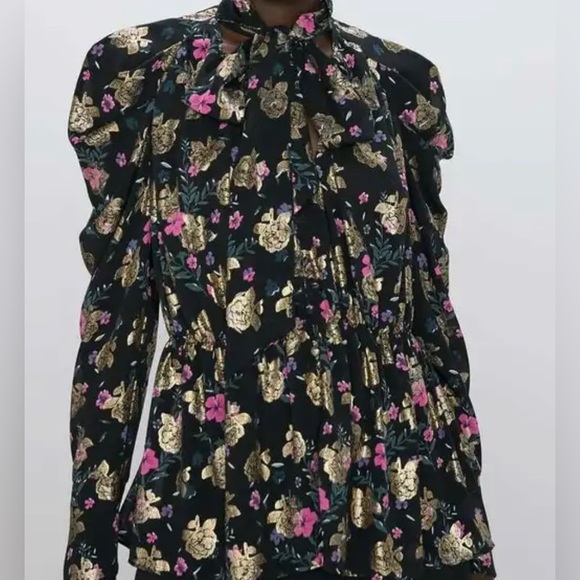 Zara Tops Zara Black And Gold Foil Dark Floral Long Sleeve Blouse
